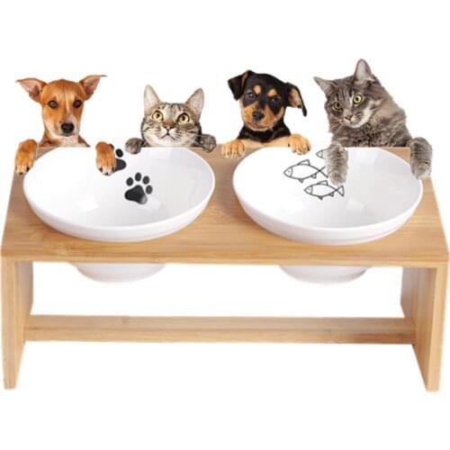 Pets Double Bowl Dog Cat Food Water Feeder Stand Raised Ceramic Dish Bowl Wooden Table Fish Paw Print Dog Feeder Pet Supplies