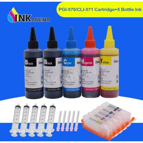 INKARENA 5 Color PGI 570 CLI 571 XL Printer Ink Cartridges + 500ml Dye Ink For Canon Silver MG5753 - Silver MG6850 MG6851 MG6852