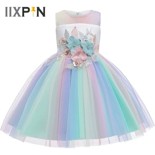 Girls Cosplay Princess Dress Up Flower Dresses Children Holiday Costume Embroidered Colorful Mesh Tutu Dress for Girl Ball Gowns