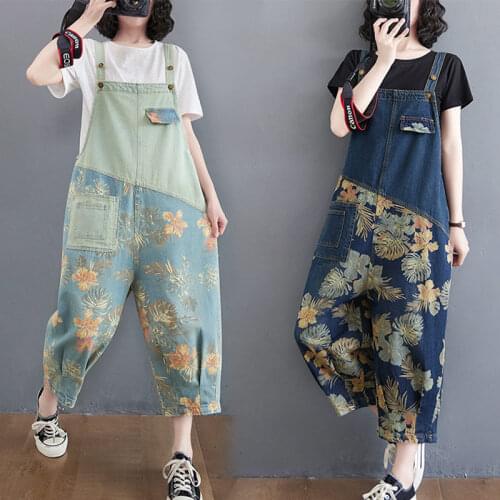 Art Retro Stitching Printed Denim Overalls Womens Summer Jumpsuits Harlan Nine-Point Pants Suspenders Jeans Trousers zh1393