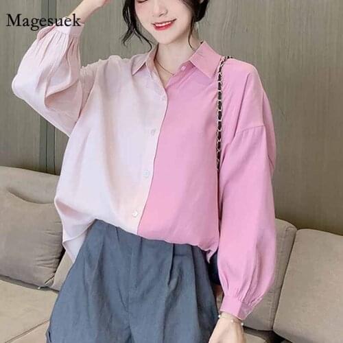 Plus Size Korean Autumn Color Stitching Puff Sleeve Shirt Pink Fashion Women Blouses Women Single Breasted Lapel Blouse 12127