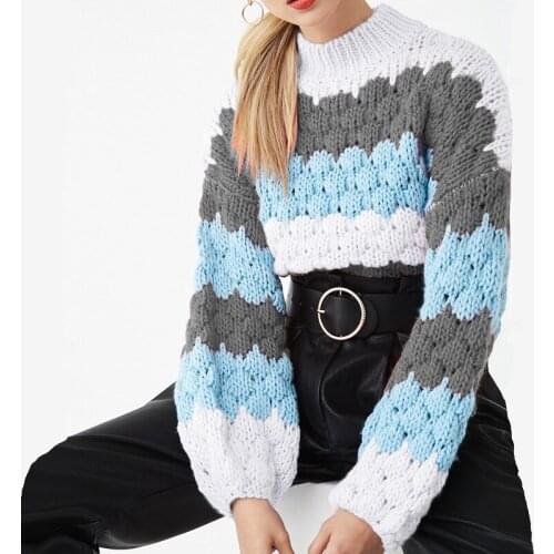 Fashion Women Sweaters Casual Color Contrast Patchwork Knitted Tops Jumper Autumn Long Puff Sleeve O Neck Loose Pullover Sweater