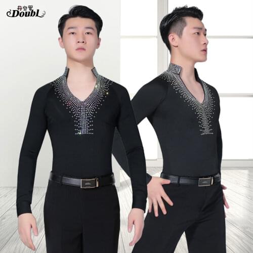 DOUBL Latin Dance Shirt top Men Stage Training Performance Evening Party Rhinestone Samba Rumba Chacha Salsa Dance Clothes