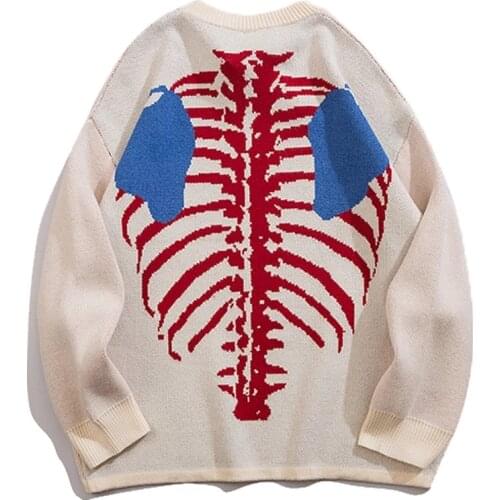 Men Harajuku Knitted Sweaters Skeleton Bone Graphic Pullovers Casual Loose Thick O-Neck Sweaters Oversize Couples Streetwear