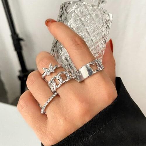 KISS WIFE Bohemian Butterfly Rings Set For Women Girls Crystal Cross Chain Finger Rings 2021 Trend Adjustable Size Jewelry Gift