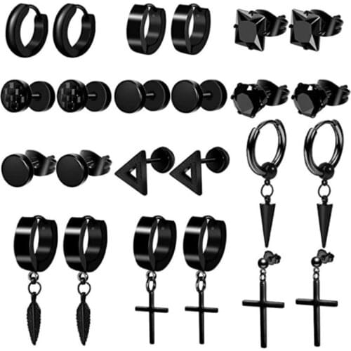 12 Pairs Earrings Set for Men Black Stud Earrings Mens Earrings Black Hoop Earrings Stainless Steel Jewelry Piercings for Men
