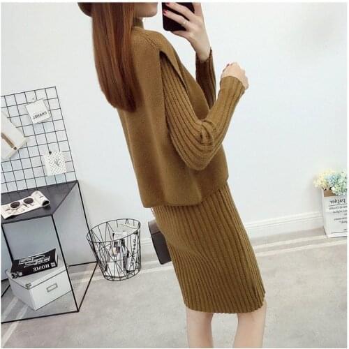 2021 Autumn Woman New Two Piece Suit Female Winter Knitting Solid Mini Length Dress Ladies Long Sleeve Tops Set Clothing Q94