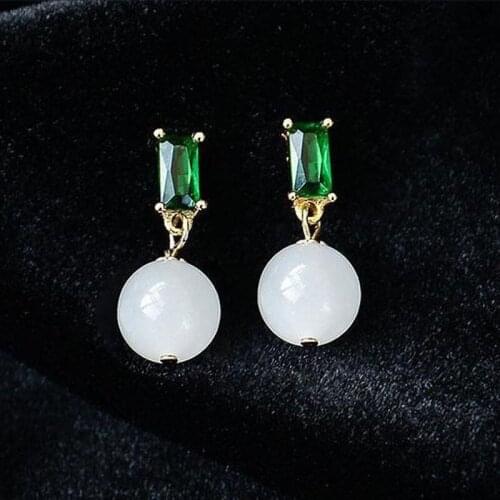 New Silver Natural Hetian white jade earrings emerald Earrings Chinese style retro charming women luxury noble brand jewelry