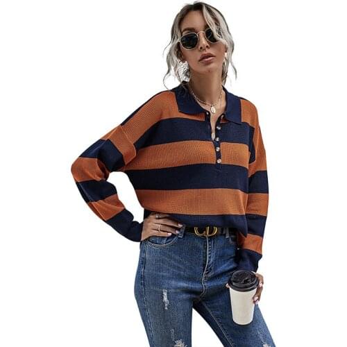 New Womens Striped Sweater Lapel Button Slim All-match Pullover 2021 Fall/winter Turtleneck Jumper Wn
