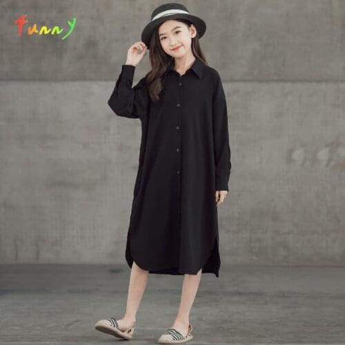 Solid Long Sleeve Girls Dress Spring Summer 2021 Black Casual Shirt Dresses for Kids 6 8 10 12 Years Teen Girl Clothes