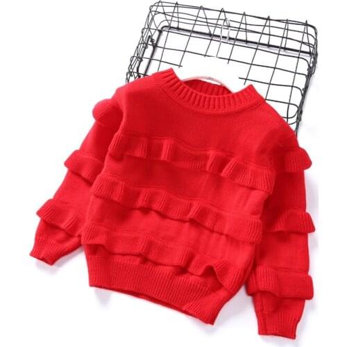 2019 Autumn Winter Baby Girls Sweater Children Warm Kids Solid Falbala Knitted Outerwear Cardigan Hot Sale Red Sweater