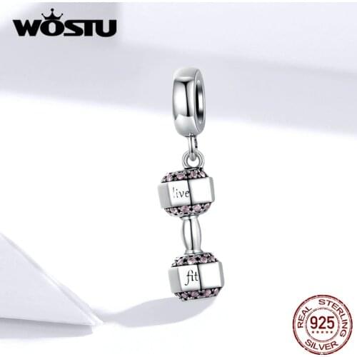 WOSTU Dumbbell Fitness Charms 925 Sterling Silver Fit Original Bracelet Pendant Beads Women DIY Necklace Sport Jewelry FIC1340