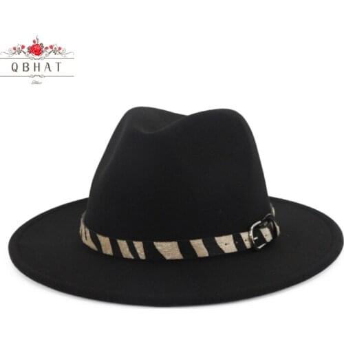 QBHAT Cheap Fashion Handmade Wool Felt Wide Brim Fedora Hats with Zebra-stripe Belt Men Women Jazz Panama Formal Top Hat