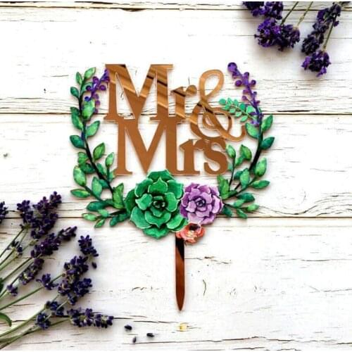 Rose Gold ,Gold Mirror Acrylic 'Mr & Mrs' Floral Wreath Cake Topper Wedding Decorations