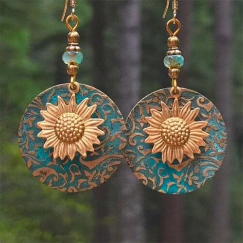HIPPIE SUNFLOWER EARRINGS Boho Garden Flower Jewelry for Women Antique Bronze Sunflower Dangle Earrings Sunflower Earrings IK38D
