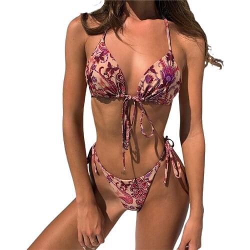 Sexy Women’s Two Piece Bikini Suits Flower Printed Halter Tops and Lace-up Mid-waist Thong Swimming Suit for Women Beachwear