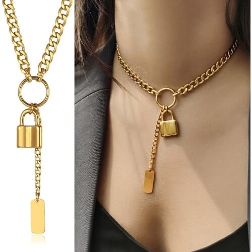 Stylish Choker Gold Color Padlock Pendant Necklace For Women Curb Cuban Link Name Engraving Tag Charm Chain Gift Jewelry LDN259