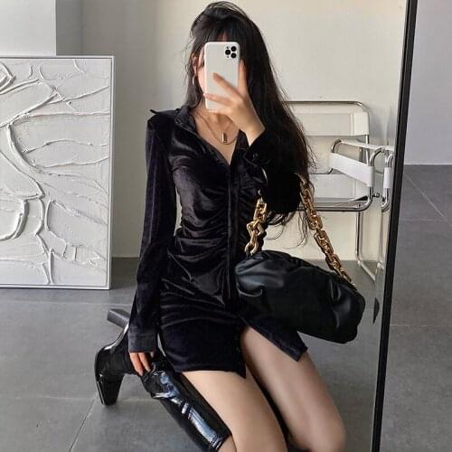 TVVOVVIN Laepl Long Sleeve Single Breasted Sexy Package Hip Dress For Women Slim With Ruched Mini Velvet Dresses RU7G