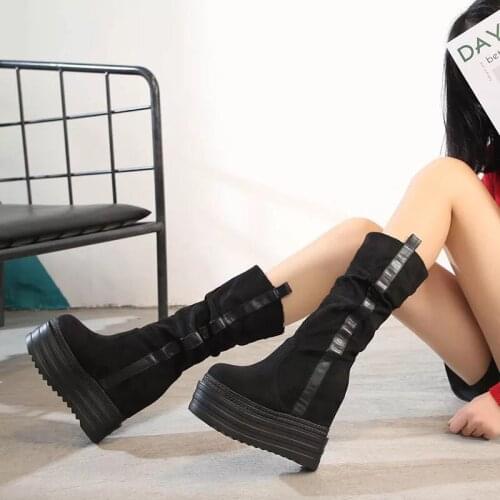 13cm Wedges Thick-Soled Suede Middle Tube Boots Within Increase Martin Boots Fashion High-Heel Womens Boots Sexy Short Boots 39
