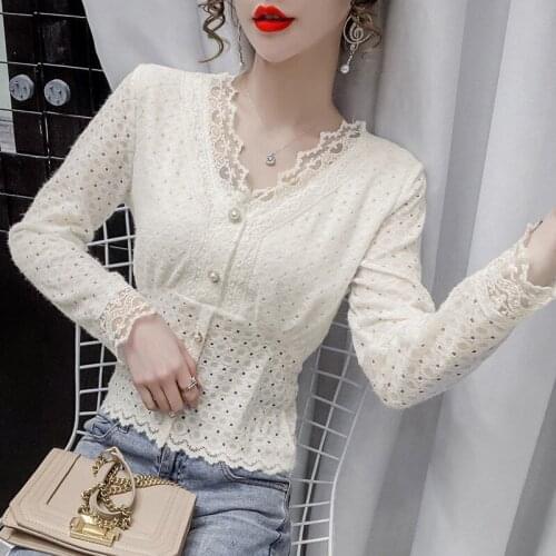 Blouse Women Shirt V-neck Lace Shirt Womens Spring Shirt Long-Sleeved Top Blusas Mujer De Moda