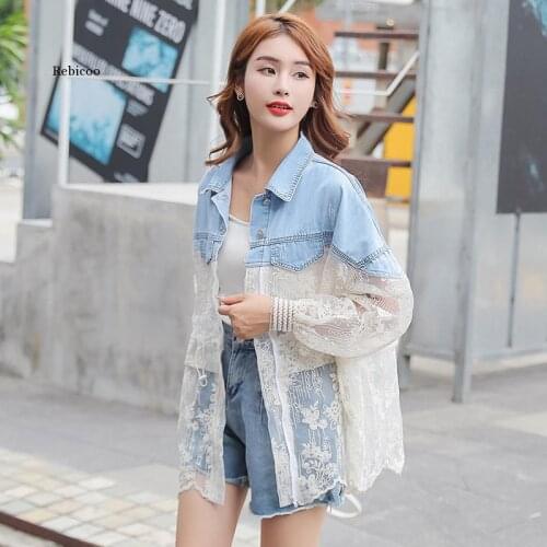 2021 New Summer Fashion Stitching Lace Embroidery Large Size Denim Jacket Womens Coat Loose Perspective Tops Denim Coat