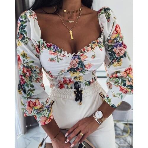 T Shirt Women Sexy Crop Top Autumn Elegant Long Puff Sleeve Square Neck Ruffle Trim Floral Print Shirt Tops Clothing For Women