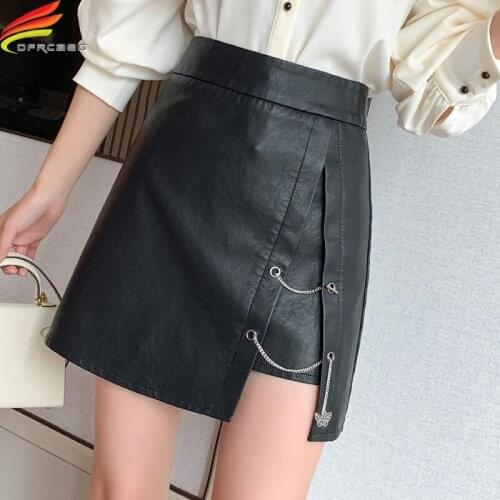New 2021 Autumn Winter Black Leather Skirt For Women Korean Fashion High Waist A Line Mini Skirts With Chain Hot Sale