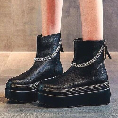 Platform Shoe Womens Cow Leather Ankle Boots Creepers Chain Punk High Heel Round Toe Oxfords Comfort Shoes 34 35 36 37 38 39