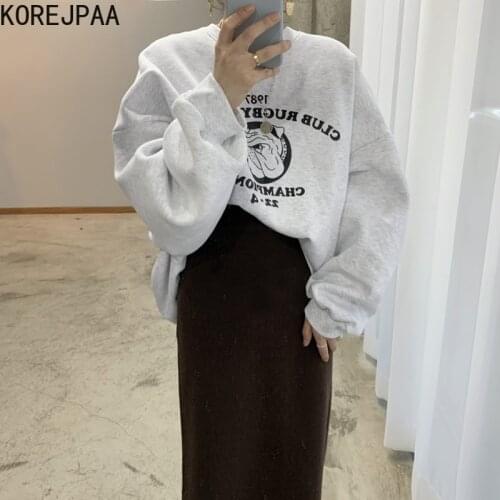 Korejpaa Women Sets 2021 Autumn Korea Simple Ladies Round Neck Cartoon Letter Printing Sweater High Waist Bag Hip Skirt Suit
