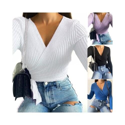 Womens Pullover Purple Long-sleeved V-neck Lace-up Sweater Bottoming Shirt Ladies Strip Sexy All-match Solid Color Top Crop 3XL
