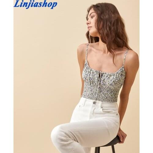 Fashion Center Bow Women Tank Top Vintage Navy Floral Print women Camis Slim spaghetti strap Women crop top