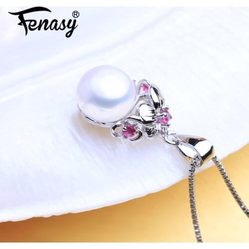 FENASY Bohemian Ruby Pendant Pearl Jewelry Natural Pearl Necklace For Women 925 Sterling Silver Cute Flower Charms