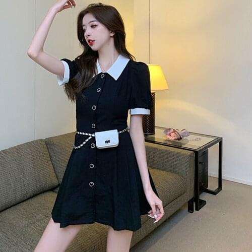 Fashion Korean Vintage Short Sleeve Mini Party Dress Ladies Elegant Casual Turn-down Collar Single Breasted Pleated Short Dress