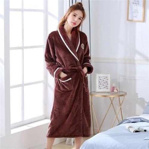 Winter Warm Intimate Lingerie Long Negligee Brown Solid Colour Lady Kimono Bathrobe Gown With Belt Sleepwear Home Clothing