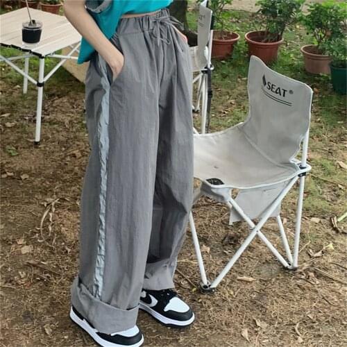 2021 Sports Elastic Waist Straight Pants Women New Fashion Casual Autumn Stylish Loose Wide Leg Patchwork Trousers