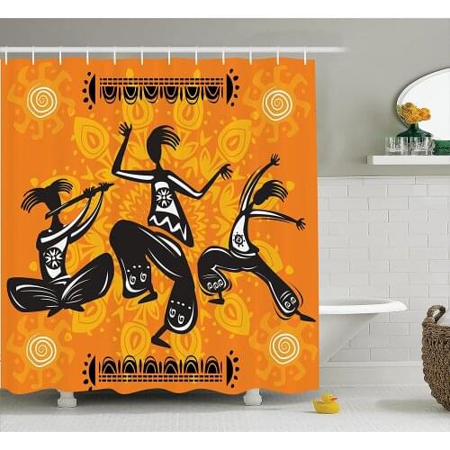African Decorations Shower Curtain Native African Dancer Figures with Poly Rhythm Total Body Articulations Bath Curtains