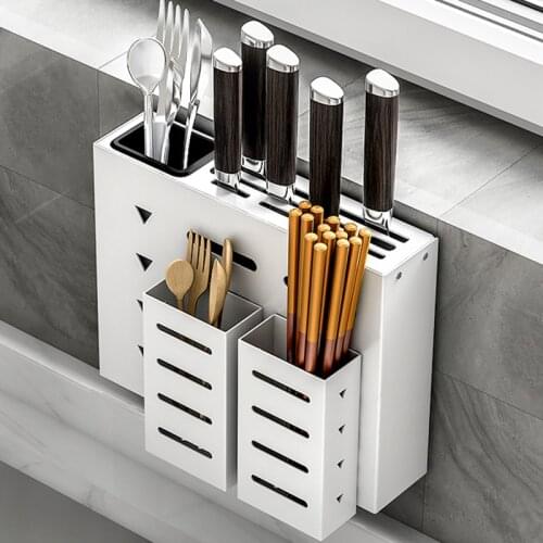 Silver Aluminum Alloy Wall Mounted Stand Knife Holder Cutlery Storage Rack Spoon Forks Organizer Container with Drying Drainer