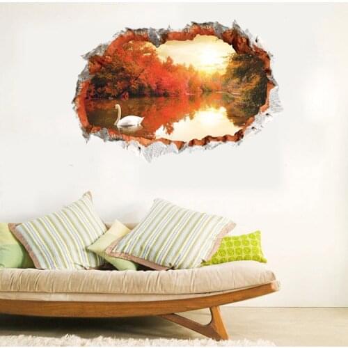 White Goose in the River 3D Cracked Wall Decal Sticker Red Leaves Tree On both Rivers Wall Applique Home Decor Wallpaper Poster
