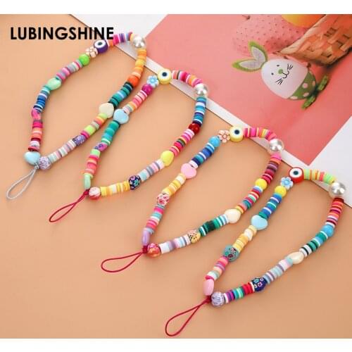 Cute Beaded Mobile Phone Chain Lanyard Wristlet Colorful Soft Pottery Flower Fruit Acrylic Beads Phone Chains Summer Jewelry