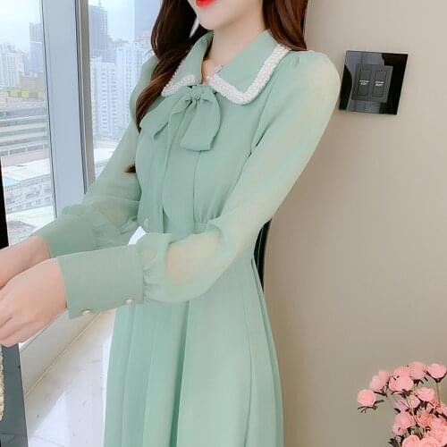 COIGARSAM Women dress New Spring Pearl Dresses Green 3670