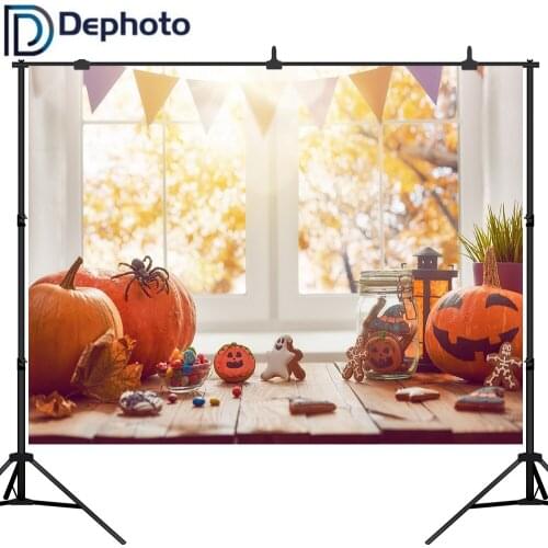 Dephoto Backdrops For Photography Studio Window Halloween Decor Indoor View Pumpkins Flag Candy Children Background Photobooth
