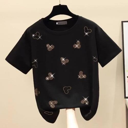 Cotton Hot Diamond Black Short-sleeved T-shirt Women 2021 Summer New Fashion Ins Fashion Korean Loose Top Women