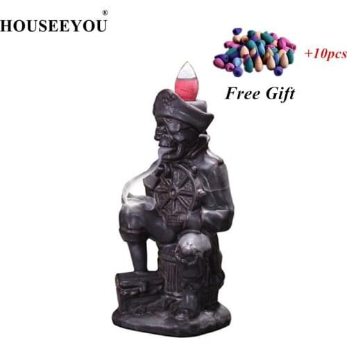 HOUSEEYOU Skull Pirate Sculpture Figure Backflow Incense Burner + 10Pcs Cones Holder Stand Base Censer Home Office Decoration
