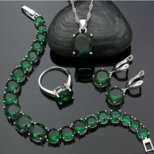 925 Silver Jewelry Sets For Women Green Round Cubic Zirconia Drop Earrings Pendant Ring Bracelet Necklace Set