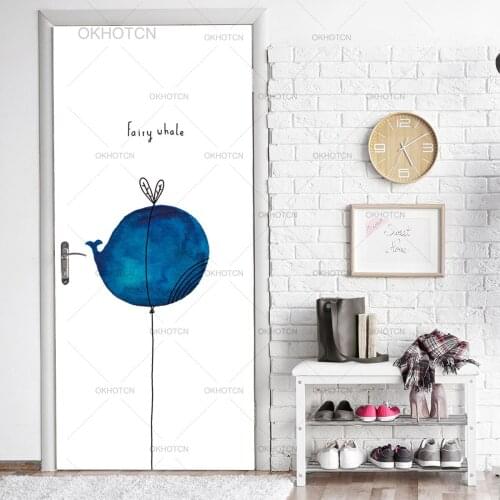 Cartoon Door Sticker Dolphin Balloon Nursery Kids Room Decor Decal HD Print Wallpaper Self Adhesive Diy Art Decal Wall Stickers