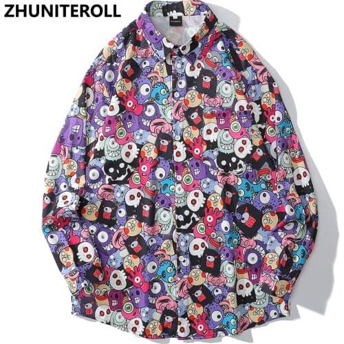 Harajuku Mens Shirts Cartoon Funny Print Hip Hop Button Down Longsleeve Shirt For Men Streetwear Fashion Hawaiian Beach Tops