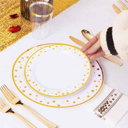 New Disposable Tableware Set Japanese Style Hot Stamping Gold Lace Gilt Knife Fork Spoon Self-service Plastic Plate
