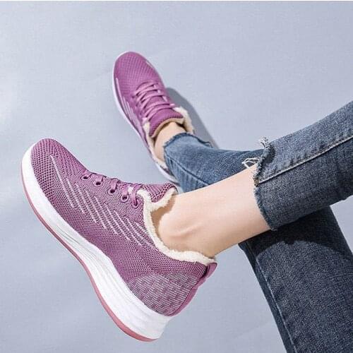 LIHUAMAO sport wedges high heel shoes round toe lace up Casual shoes sneaker fur lining winter warmly comfortable