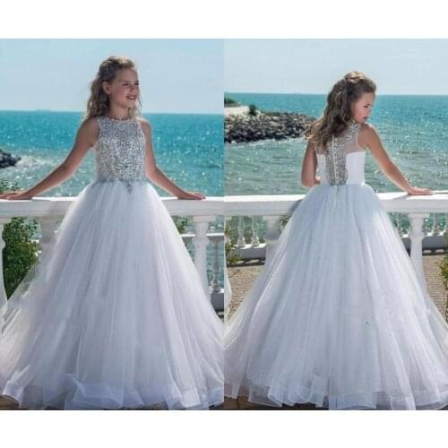 Luxury Princess Flower Girl Dress New Design Sparkly Silver Rhinestones Beading Bodice Puffy A Line Kids Prom Dresses