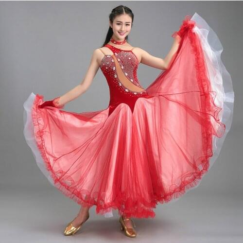 Modern dance dress frills bottom hem velvet clothing Costume tank shoulder rhinestones decoration
